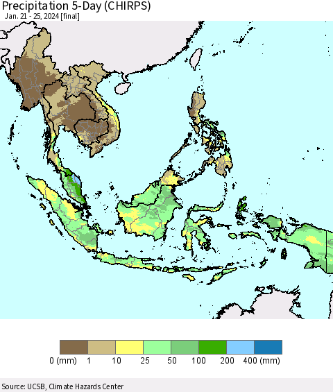 South East Asia Precipitation 5-Day (CHIRPS) Thematic Map For 1/21/2024 - 1/25/2024