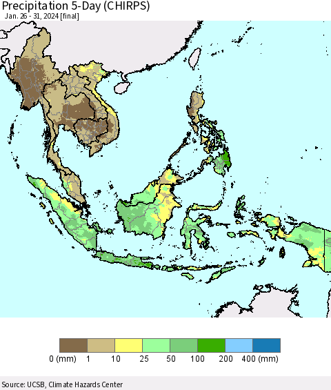 South East Asia Precipitation 5-Day (CHIRPS) Thematic Map For 1/26/2024 - 1/31/2024