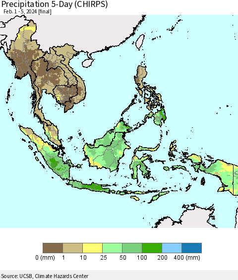 South East Asia Precipitation 5-Day (CHIRPS) Thematic Map For 2/1/2024 - 2/5/2024