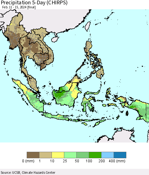 South East Asia Precipitation 5-Day (CHIRPS) Thematic Map For 2/11/2024 - 2/15/2024