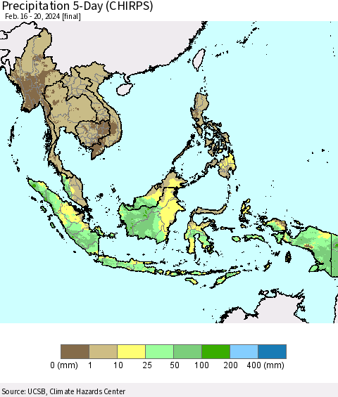South East Asia Precipitation 5-Day (CHIRPS) Thematic Map For 2/16/2024 - 2/20/2024