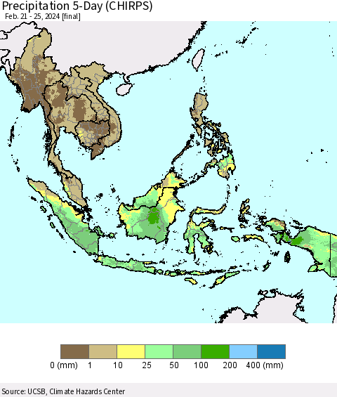 South East Asia Precipitation 5-Day (CHIRPS) Thematic Map For 2/21/2024 - 2/25/2024