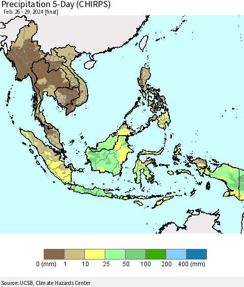 South East Asia Precipitation 5-Day (CHIRPS) Thematic Map For 2/26/2024 - 2/29/2024
