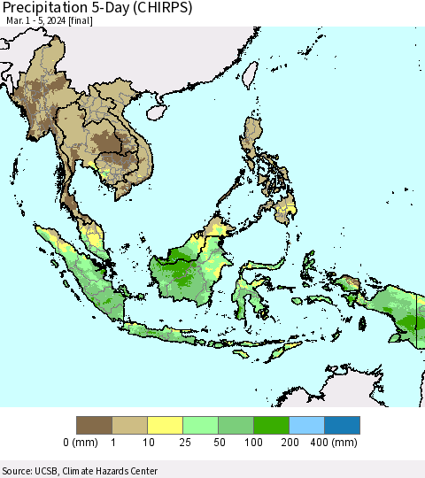 South East Asia Precipitation 5-Day (CHIRPS) Thematic Map For 3/1/2024 - 3/5/2024