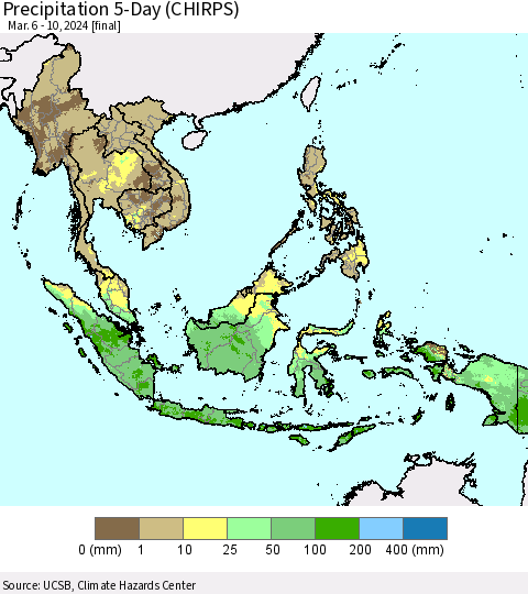 South East Asia Precipitation 5-Day (CHIRPS) Thematic Map For 3/6/2024 - 3/10/2024