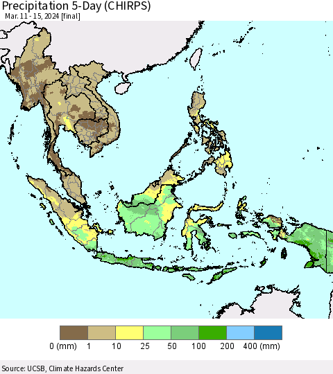 South East Asia Precipitation 5-Day (CHIRPS) Thematic Map For 3/11/2024 - 3/15/2024