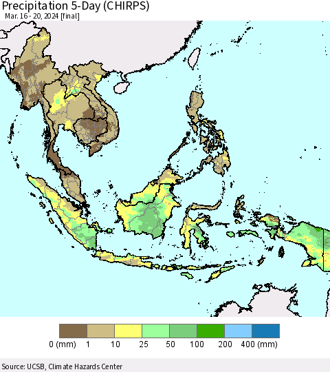 South East Asia Precipitation 5-Day (CHIRPS) Thematic Map For 3/16/2024 - 3/20/2024