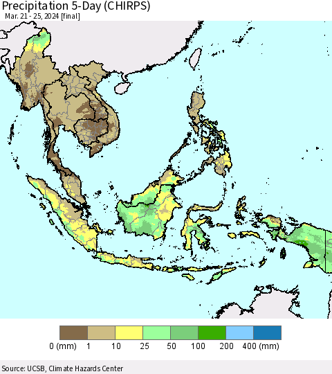 South East Asia Precipitation 5-Day (CHIRPS) Thematic Map For 3/21/2024 - 3/25/2024
