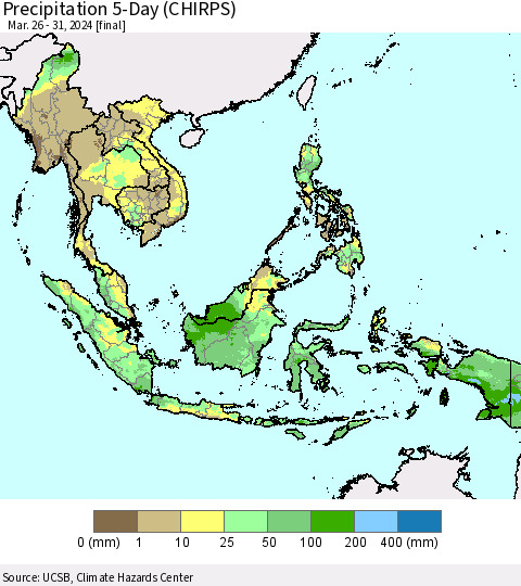 South East Asia Precipitation 5-Day (CHIRPS) Thematic Map For 3/26/2024 - 3/31/2024
