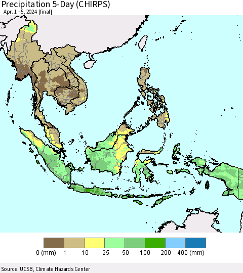 South East Asia Precipitation 5-Day (CHIRPS) Thematic Map For 4/1/2024 - 4/5/2024