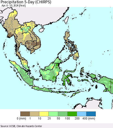 South East Asia Precipitation 5-Day (CHIRPS) Thematic Map For 4/6/2024 - 4/10/2024