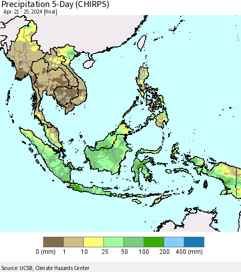 South East Asia Precipitation 5-Day (CHIRPS) Thematic Map For 4/21/2024 - 4/25/2024