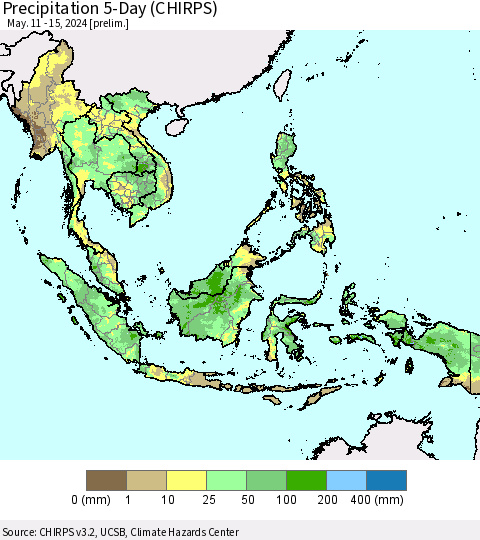 South East Asia Precipitation 5-Day (CHIRPS) Thematic Map For 5/11/2024 - 5/15/2024