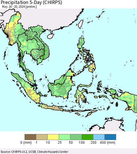 South East Asia Precipitation 5-Day (CHIRPS) Thematic Map For 5/16/2024 - 5/20/2024