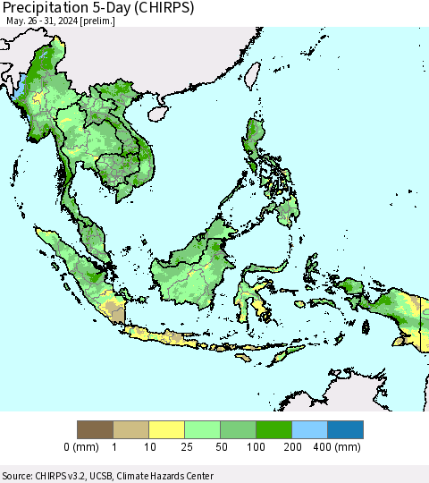 South East Asia Precipitation 5-Day (CHIRPS) Thematic Map For 5/26/2024 - 5/31/2024