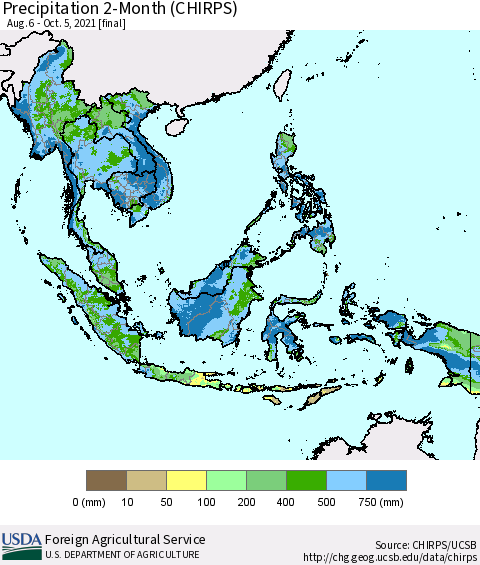 South East Asia Precipitation 2-Month (CHIRPS) Thematic Map For 8/6/2021 - 10/5/2021