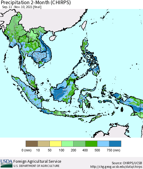 South East Asia Precipitation 2-Month (CHIRPS) Thematic Map For 9/11/2021 - 11/10/2021