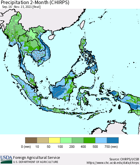 South East Asia Precipitation 2-Month (CHIRPS) Thematic Map For 9/16/2021 - 11/15/2021
