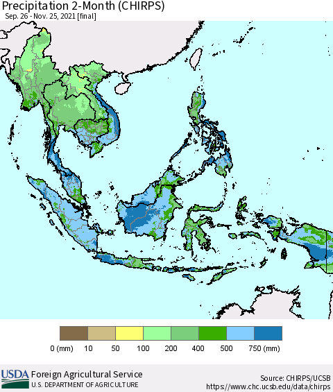 South East Asia Precipitation 2-Month (CHIRPS) Thematic Map For 9/26/2021 - 11/25/2021
