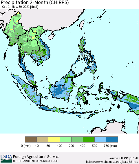 South East Asia Precipitation 2-Month (CHIRPS) Thematic Map For 10/1/2021 - 11/30/2021