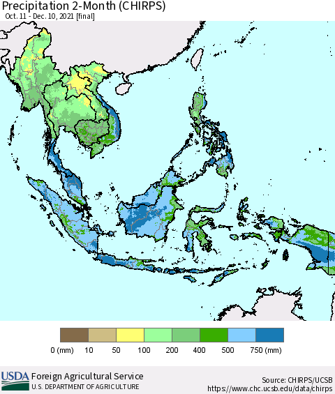 South East Asia Precipitation 2-Month (CHIRPS) Thematic Map For 10/11/2021 - 12/10/2021