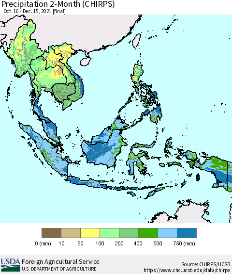 South East Asia Precipitation 2-Month (CHIRPS) Thematic Map For 10/16/2021 - 12/15/2021