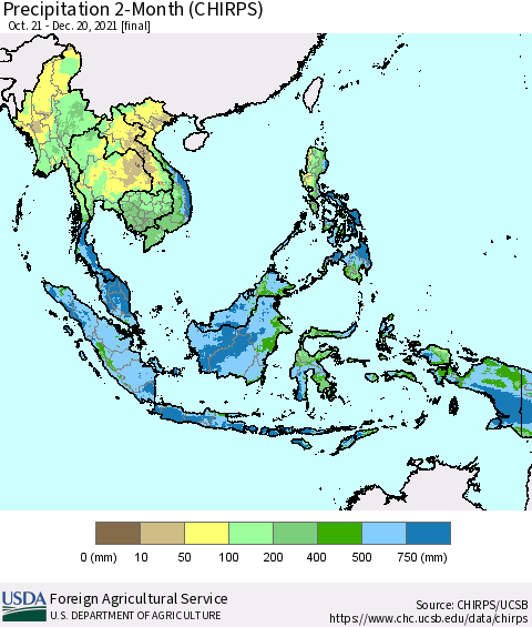 South East Asia Precipitation 2-Month (CHIRPS) Thematic Map For 10/21/2021 - 12/20/2021