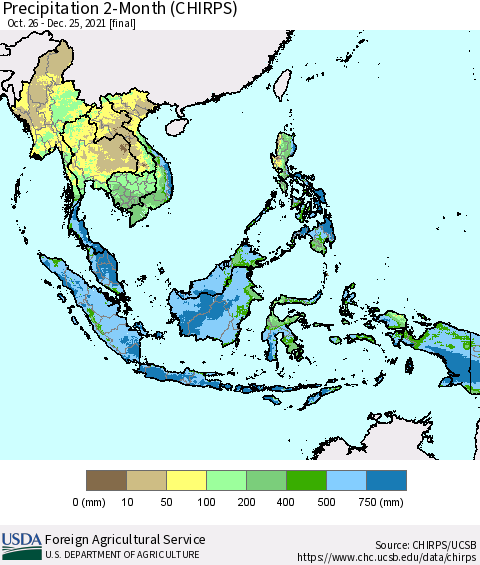 South East Asia Precipitation 2-Month (CHIRPS) Thematic Map For 10/26/2021 - 12/25/2021