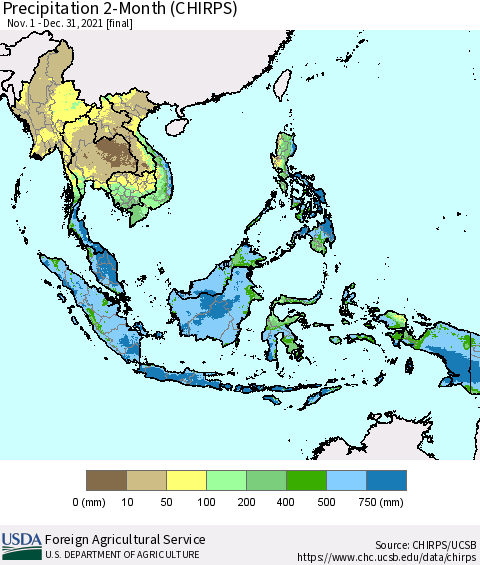 South East Asia Precipitation 2-Month (CHIRPS) Thematic Map For 11/1/2021 - 12/31/2021
