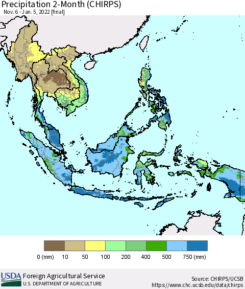 South East Asia Precipitation 2-Month (CHIRPS) Thematic Map For 11/6/2021 - 1/5/2022