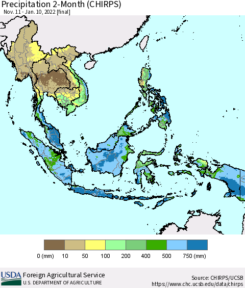 South East Asia Precipitation 2-Month (CHIRPS) Thematic Map For 11/11/2021 - 1/10/2022