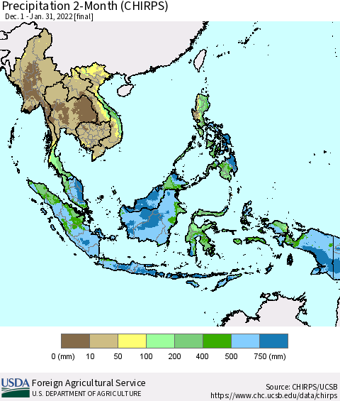 South East Asia Precipitation 2-Month (CHIRPS) Thematic Map For 12/1/2021 - 1/31/2022