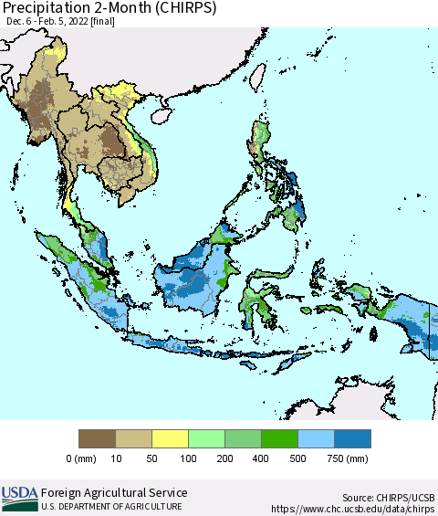 South East Asia Precipitation 2-Month (CHIRPS) Thematic Map For 12/6/2021 - 2/5/2022