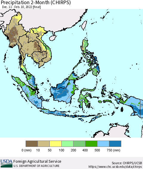 South East Asia Precipitation 2-Month (CHIRPS) Thematic Map For 12/11/2021 - 2/10/2022