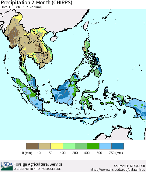 South East Asia Precipitation 2-Month (CHIRPS) Thematic Map For 12/16/2021 - 2/15/2022