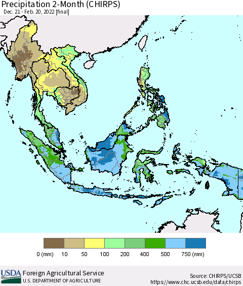 South East Asia Precipitation 2-Month (CHIRPS) Thematic Map For 12/21/2021 - 2/20/2022
