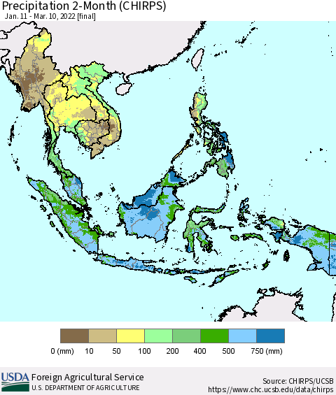 South East Asia Precipitation 2-Month (CHIRPS) Thematic Map For 1/11/2022 - 3/10/2022