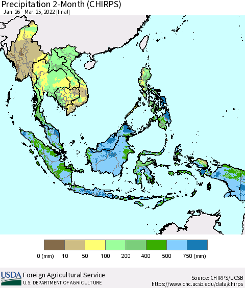 South East Asia Precipitation 2-Month (CHIRPS) Thematic Map For 1/26/2022 - 3/25/2022