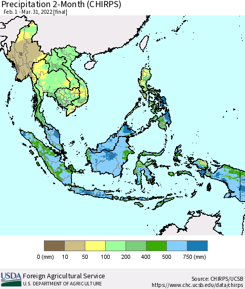 South East Asia Precipitation 2-Month (CHIRPS) Thematic Map For 2/1/2022 - 3/31/2022