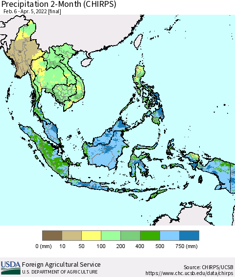 South East Asia Precipitation 2-Month (CHIRPS) Thematic Map For 2/6/2022 - 4/5/2022