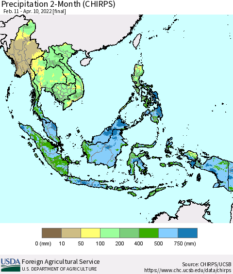 South East Asia Precipitation 2-Month (CHIRPS) Thematic Map For 2/11/2022 - 4/10/2022