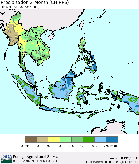 South East Asia Precipitation 2-Month (CHIRPS) Thematic Map For 2/21/2022 - 4/20/2022
