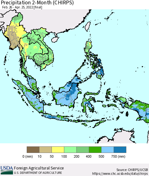South East Asia Precipitation 2-Month (CHIRPS) Thematic Map For 2/26/2022 - 4/25/2022