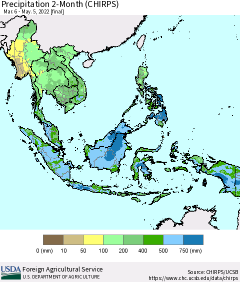 South East Asia Precipitation 2-Month (CHIRPS) Thematic Map For 3/6/2022 - 5/5/2022