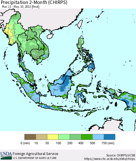 South East Asia Precipitation 2-Month (CHIRPS) Thematic Map For 3/11/2022 - 5/10/2022