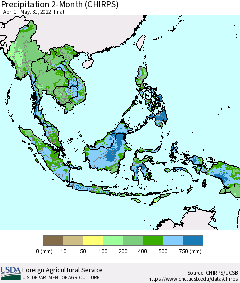 South East Asia Precipitation 2-Month (CHIRPS) Thematic Map For 4/1/2022 - 5/31/2022