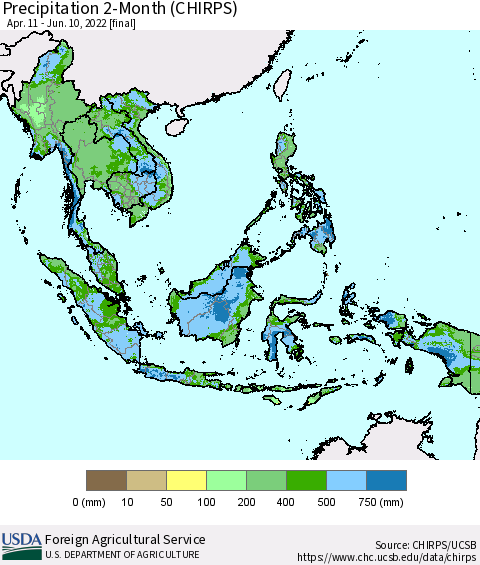 South East Asia Precipitation 2-Month (CHIRPS) Thematic Map For 4/11/2022 - 6/10/2022