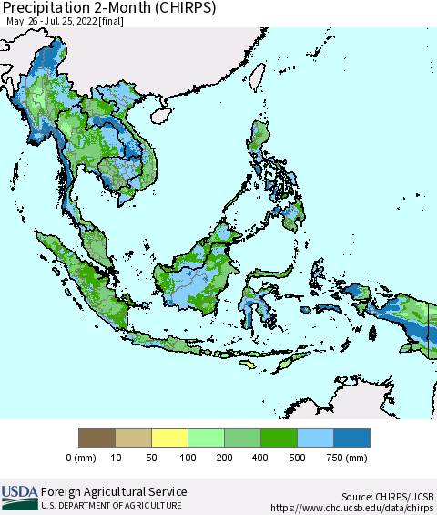 South East Asia Precipitation 2-Month (CHIRPS) Thematic Map For 5/26/2022 - 7/25/2022