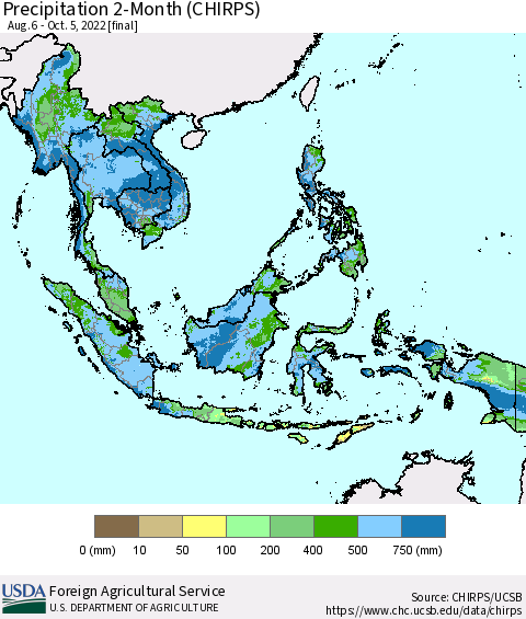 South East Asia Precipitation 2-Month (CHIRPS) Thematic Map For 8/6/2022 - 10/5/2022