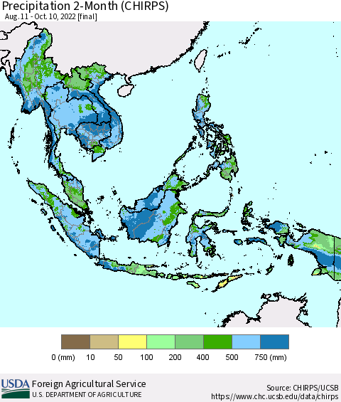 South East Asia Precipitation 2-Month (CHIRPS) Thematic Map For 8/11/2022 - 10/10/2022